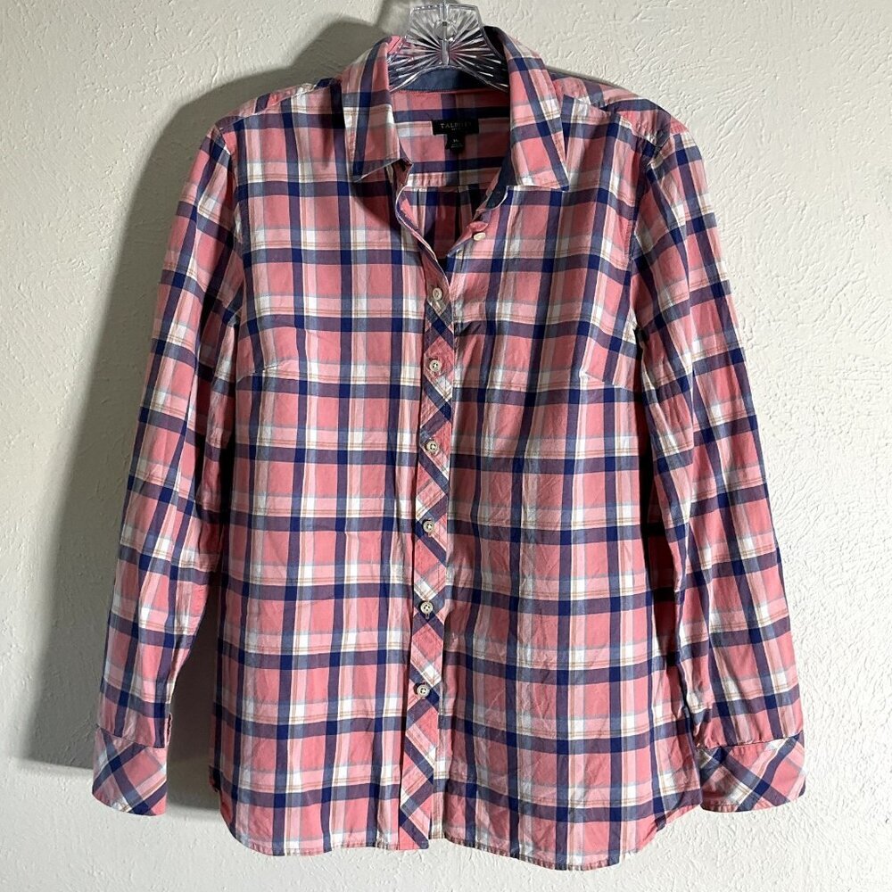 Talbots Shirt Women M Petite Pink 100% Cotton Plaid Long Sleeve Button Up Preppy